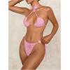 imageMakeMeChic Womens Crochet Bikini Cover Up Set 3D Flower Halter Tie Backless Criss Cross Bathing SuitPink