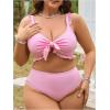 imageMakeMeChic Womens Plus Size 3 Piece Bikini Set Tie Front Ruffle Rib Knit Bathing Suit with Floral Cover Up SkirtPink