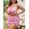 imageMakeMeChic Womens Plus Size 3 Piece Bikini Set Tie Front Ruffle Rib Knit Bathing Suit with Floral Cover Up SkirtPink