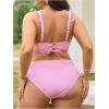 imageMakeMeChic Womens Plus Size 3 Piece Bikini Set Tie Front Ruffle Rib Knit Bathing Suit with Floral Cover Up SkirtPink
