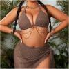imageMakeMeChic Womens Plus Size 3 Piece Bikini Sets Halter Triangle Tie Back Ring Hollow Out Swimsuit with Cover Up SkirtBrown