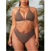 imageMakeMeChic Womens Plus Size 3 Piece Bikini Sets Halter Triangle Tie Back Ring Hollow Out Swimsuit with Cover Up SkirtBrown
