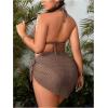 imageMakeMeChic Womens Plus Size 3 Piece Bikini Sets Halter Triangle Tie Back Ring Hollow Out Swimsuit with Cover Up SkirtBrown