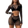 imageMakeMeChic Womens 2 Piece Bikini Cover Ups Hollow Out Long Sleeve See Through Crop Top and Mini Skirt SetBlack