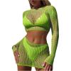 imageMakeMeChic Womens 2 Piece Bikini Cover Ups Hollow Out Long Sleeve See Through Crop Top and Mini Skirt SetLime Green