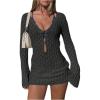 imageMakeMeChic Womens Bathing Suit Beach Cover Ups Long Sleeve Crochet Mini DressBlack