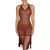imageMakeMeChic Womens Fringe Trim Crochet Bikini Cover Up Halter Open Back Beach DressBrown