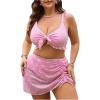imageMakeMeChic Womens Plus Size 3 Piece Bikini Set Tie Front Ruffle Rib Knit Bathing Suit with Floral Cover Up SkirtPink