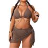 imageMakeMeChic Womens Plus Size 3 Piece Bikini Sets Halter Triangle Tie Back Ring Hollow Out Swimsuit with Cover Up SkirtBrown