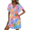 imageMakeMeChic Womens Tropical Print Bikini Cover Up V Neck Short Sleeve A Line Beach DressMulticolor