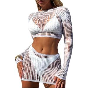 imageMakeMeChic Womens 2 Piece Bikini Cover Ups Hollow Out Long Sleeve See Through Crop Top and Mini Skirt SetWhite