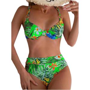 imageMakeMeChic Womens 2 Piece Floral Bikini Set Ring Linked Underwire High Waist Bathing Suit SwimsuitGreen