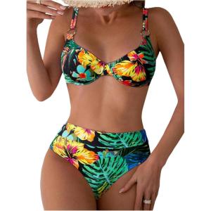 imageMakeMeChic Womens 2 Piece Floral Bikini Set Ring Linked Underwire High Waist Bathing Suit SwimsuitGreen a