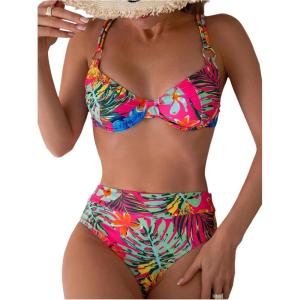 imageMakeMeChic Womens 2 Piece Floral Bikini Set Ring Linked Underwire High Waist Bathing Suit SwimsuitMulticolor
