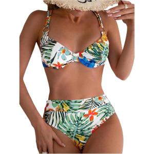 imageMakeMeChic Womens 2 Piece Floral Bikini Set Ring Linked Underwire High Waist Bathing Suit SwimsuitWhite