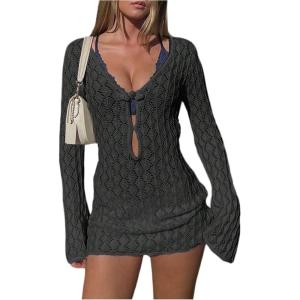 imageMakeMeChic Womens Bathing Suit Beach Cover Ups Long Sleeve Crochet Mini DressBlack