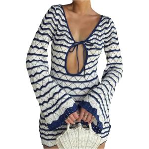 imageMakeMeChic Womens Bathing Suit Beach Cover Ups Long Sleeve Crochet Mini DressBlue and White