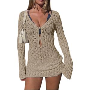imageMakeMeChic Womens Bathing Suit Beach Cover Ups Long Sleeve Crochet Mini DressKhaki