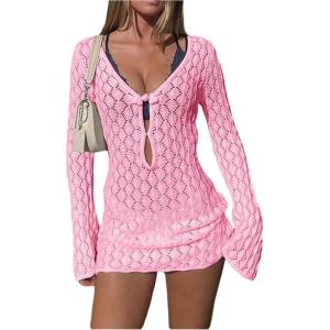 imageMakeMeChic Womens Bathing Suit Beach Cover Ups Long Sleeve Crochet Mini DressPink
