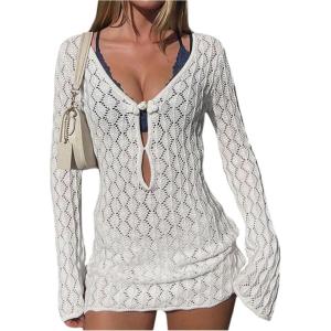 imageMakeMeChic Womens Bathing Suit Beach Cover Ups Long Sleeve Crochet Mini DressWhite