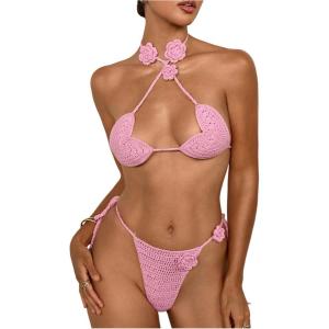 imageMakeMeChic Womens Crochet Bikini Cover Up Set 3D Flower Halter Tie Backless Criss Cross Bathing SuitPink