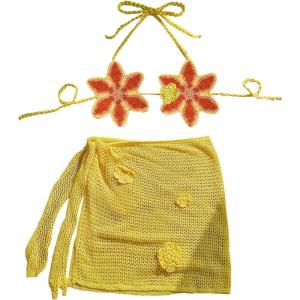 imageMakeMeChic Womens Crochet Cover Ups 3D Floral Halter Tie Back Beach Bathing Suit Cover UpBurnt Orange