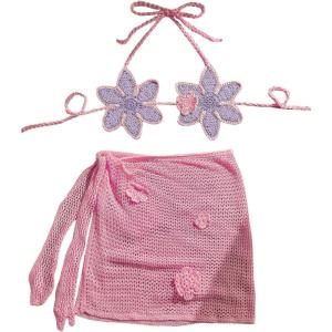 imageMakeMeChic Womens Crochet Cover Ups 3D Floral Halter Tie Back Beach Bathing Suit Cover UpPink