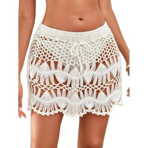 imageMakeMeChic Womens Crochet Drawstring Knitted High Waisted Swimsuit Mini Cover Up Beach SkirtA Beige