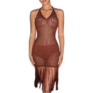 imageMakeMeChic Womens Fringe Trim Crochet Bikini Cover Up Halter Open Back Beach DressBrown