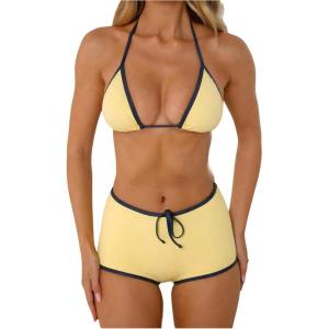 imageMakeMeChic Womens Halter Triangle Bikini Sets Leopard Swim Shorts Swimsuit Bathing SuitYellow