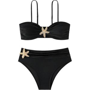 imageMakeMeChic Womens High Waist Bikini Set Metal Starfish Ruched Spaghetti Strap Bathing SuitBlack
