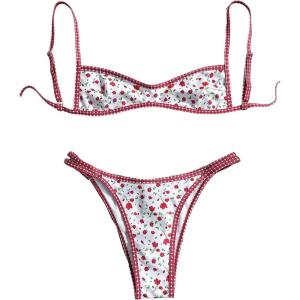 imageMakeMeChic Womens Micro Thong Bikini Set No Padding High Cut Bathing Suit SwimsuitFloral Red White