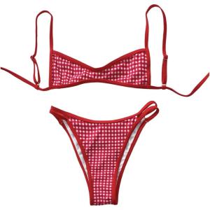imageMakeMeChic Womens Micro Thong Bikini Set No Padding High Cut Bathing Suit SwimsuitRed