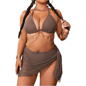 imageMakeMeChic Womens Plus Size 3 Piece Bikini Sets Halter Triangle Tie Back Ring Hollow Out Swimsuit with Cover Up SkirtBrown
