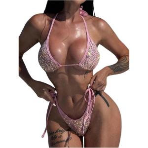 imageMakeMeChic Womens Sparkly Two Piece Bikini Set Sequin Halter Backless Tie Side Swimsuit Bathing SuitsPink