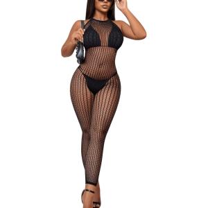 imageMakeMeChic Womens Swim Beach Cover Up Sleeveless Fishnet Cover Up Jumpsuits PantsBlack