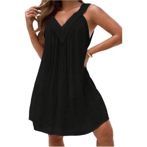 imageMakeMeChic Womens V Neck Sleeveless Mini Dress Ruffle A Line Summer Short DressesBlack