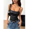 imageMakeMeChic Womens PU Leather Draped Camisole Spaghetti Strap Sleeveless Cami TopBlack