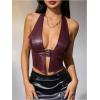 imageMakeMeChic Womens PU Leather Halter Top Buckle Open Back Y2K Crop Tops Corset Party ClubwearBurgundy