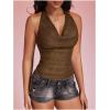 imageMakeMeChic Womens Sparkly Sequin Tops Cowl Neck Halter Top Crochet Blackless Rave Going Out TopsUpgraded V Neck Brwon