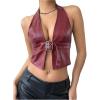 imageMakeMeChic Womens PU Leather Halter Top Buckle Open Back Y2K Crop Tops Corset Party ClubwearRed
