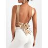 imageMakeMeChic Womens Party Crop Tops Satin Tie Back Ruched Boat Neck Sparkle Silk Tank Tops ShirtsChampagne