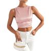 imageMakeMeChic Womens Party Crop Tops Satin Tie Back Ruched Boat Neck Sparkle Silk Tank Tops ShirtsPink