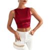 imageMakeMeChic Womens Party Crop Tops Satin Tie Back Ruched Boat Neck Sparkle Silk Tank Tops ShirtsRed