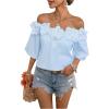 imageMakeMeChic Womens Summer Floral Tops 3D Off The Shoulder Blouse Half Sleeve Shirt BlouseBlue