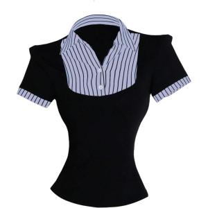 imageMakeMeChic Womens Fall Striped Blouse Short Sleeve 2 in 1 Collared Shirt Work Tops Teacher OutfitsBlack B