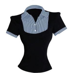 imageMakeMeChic Womens Fall Striped Blouse Short Sleeve 2 in 1 Collared Shirt Work Tops Teacher OutfitsBlack C