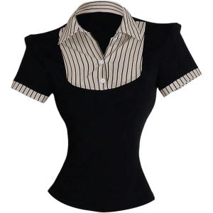 imageMakeMeChic Womens Fall Striped Blouse Short Sleeve 2 in 1 Collared Shirt Work Tops Teacher OutfitsBlack D