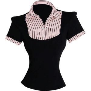 imageMakeMeChic Womens Fall Striped Blouse Short Sleeve 2 in 1 Collared Shirt Work Tops Teacher OutfitsDusty Pink