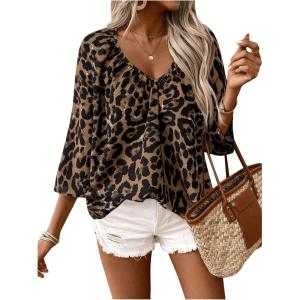 imageMakeMeChic Womens Leopard Print Tops V Neck 34 Sleeve Cheetah Print Blouse Shirt Casual TopMulticolor